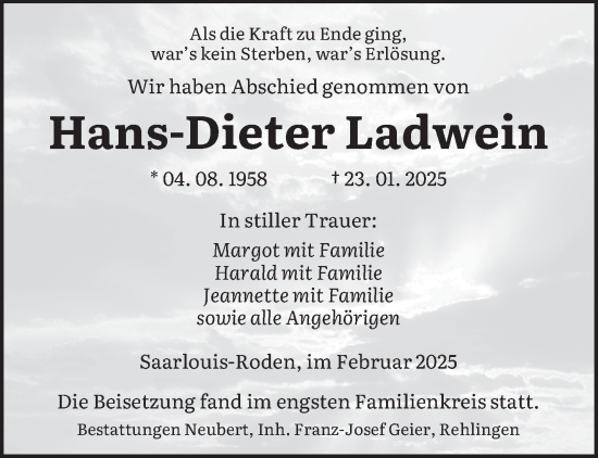 Todesanzeige von Hans-Dieter Ladwein von saarbruecker_zeitung