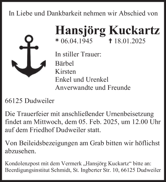 Todesanzeige von Hansjörg Kuckartz von saarbruecker_zeitung