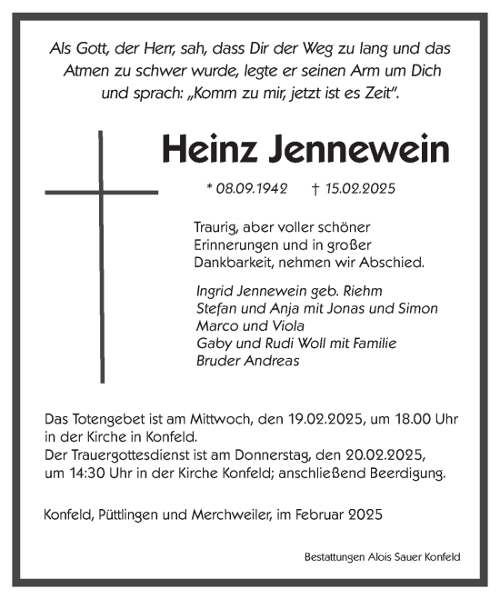 Todesanzeige von Heinz Jennewein von saarbruecker_zeitung