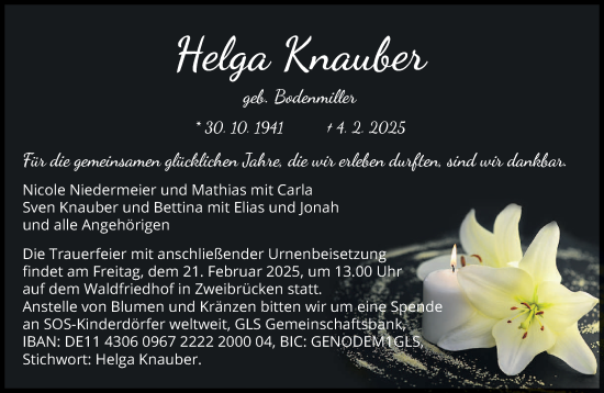 Todesanzeige von Helga Knauber von saarbruecker_zeitung