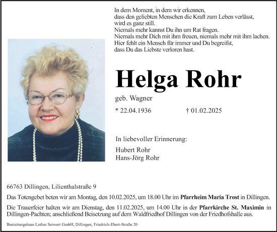 Todesanzeige von Helga Rohr von saarbruecker_zeitung