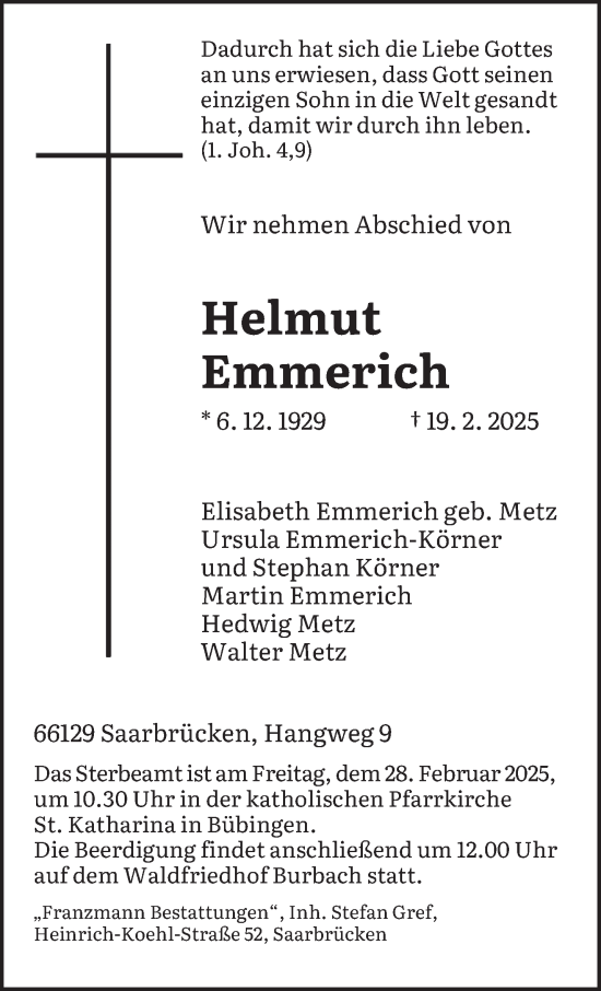 Todesanzeige von Helmut Emmerich von saarbruecker_zeitung