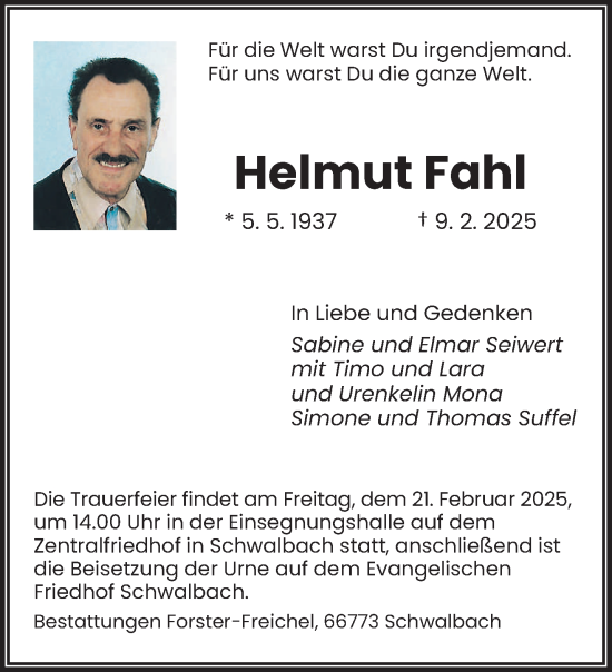 Todesanzeige von Helmut Fahl von saarbruecker_zeitung