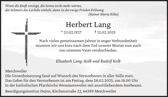 Todesanzeige von Herbert Lang von saarbruecker_zeitung