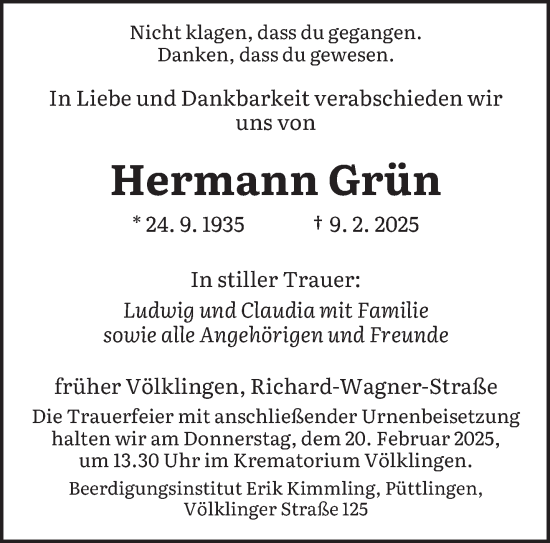 Todesanzeige von Hermann Grün von saarbruecker_zeitung