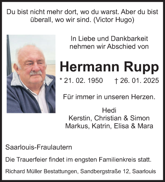 Todesanzeige von Hermann Rupp von saarbruecker_zeitung