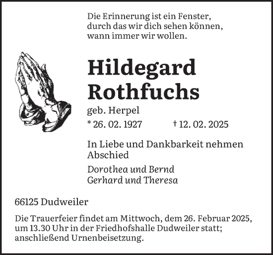 Todesanzeige von Hildegard Rothfuchs von saarbruecker_zeitung