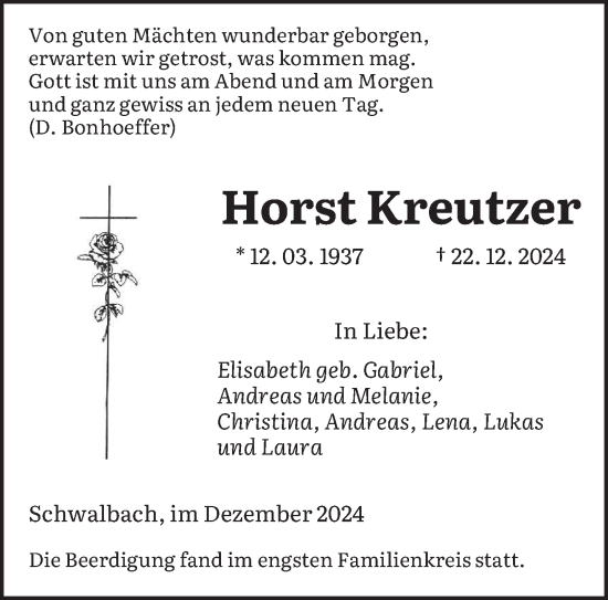 Todesanzeige von Horst Kreutzer von saarbruecker_zeitung