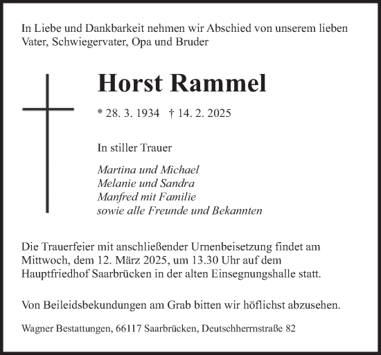 Todesanzeige von Horst Rammel von saarbruecker_zeitung