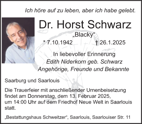 Todesanzeige von Horst Schwarz von saarbruecker_zeitung