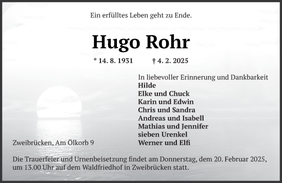 Todesanzeige von Hugo Rohr von saarbruecker_zeitung