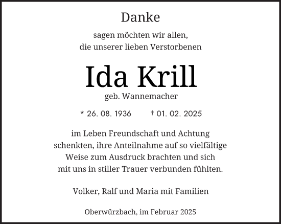Todesanzeige von Ida Krill von saarbruecker_zeitung