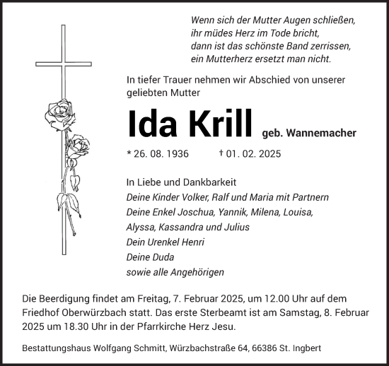 Todesanzeige von Ida Krill von saarbruecker_zeitung