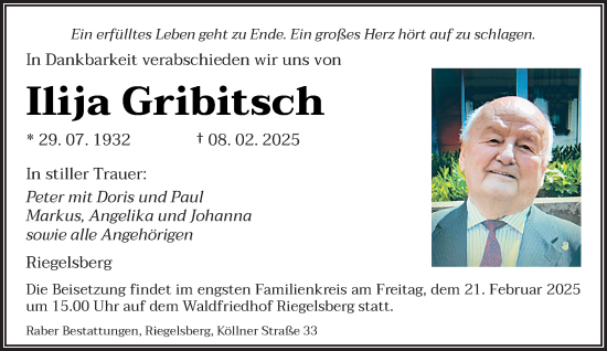 Todesanzeige von Ilija Gribitsch von saarbruecker_zeitung