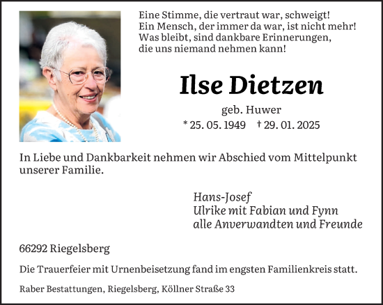 Todesanzeige von Ilse Dietzen von saarbruecker_zeitung