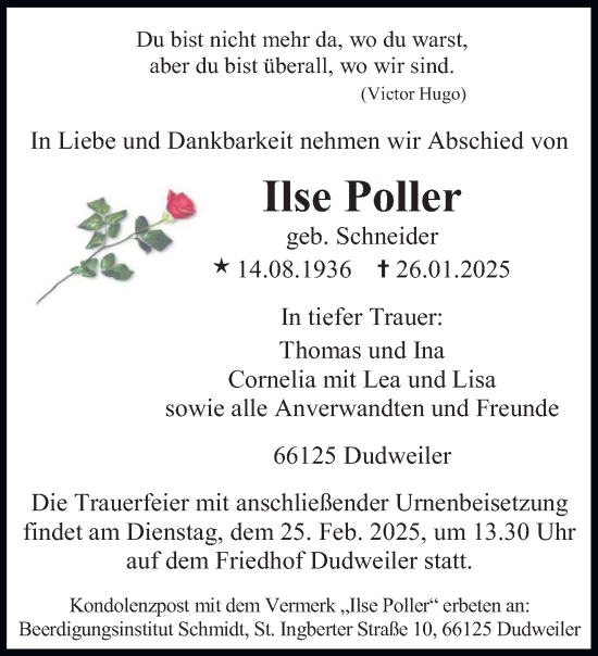 Todesanzeige von Ilse Poller von saarbruecker_zeitung