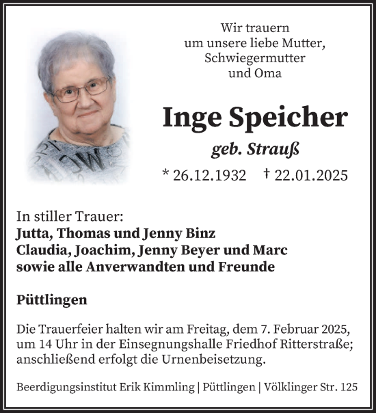Todesanzeige von Inge Speicher von saarbruecker_zeitung