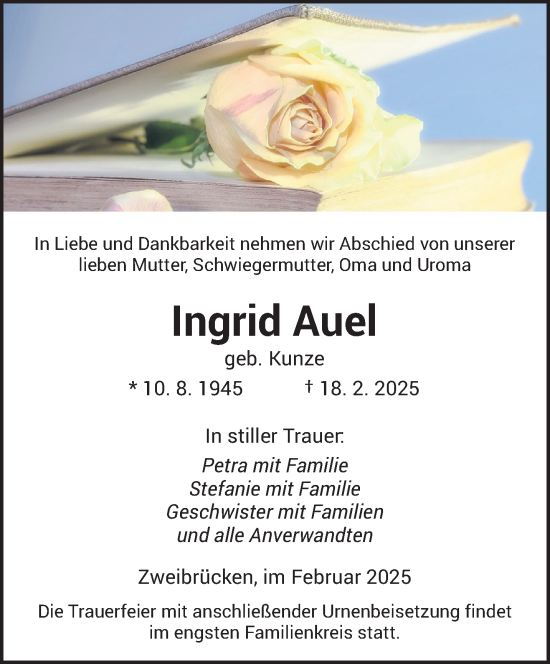 Todesanzeige von Ingrid Auel von saarbruecker_zeitung