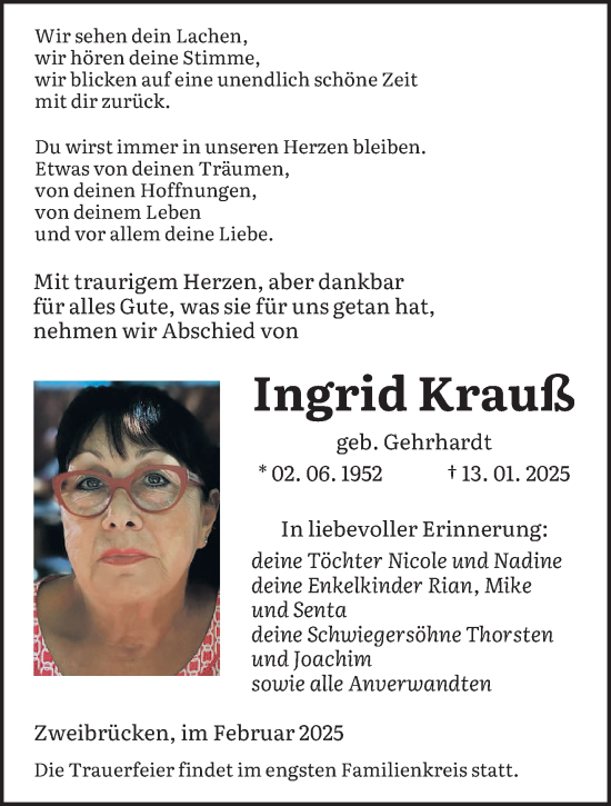 Todesanzeige von Ingrid Krauß von saarbruecker_zeitung