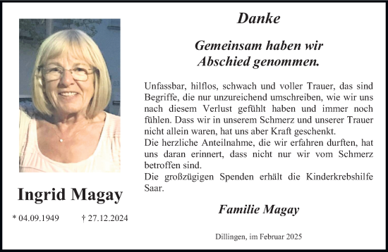 Todesanzeige von Ingrid Magay von saarbruecker_zeitung