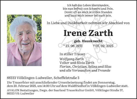 Todesanzeige von Irene Zarth von saarbruecker_zeitung