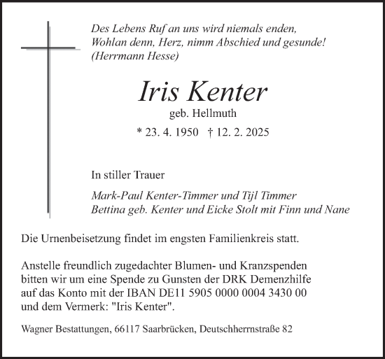 Todesanzeige von Iris Kenter von saarbruecker_zeitung
