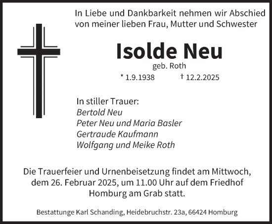 Todesanzeige von Isolde Neu von saarbruecker_zeitung