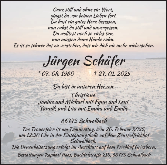 Todesanzeige von Jürgen Schäfer von saarbruecker_zeitung