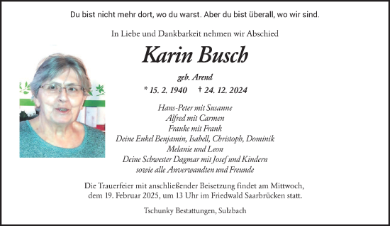 Todesanzeige von Karin Busch von saarbruecker_zeitung