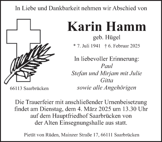 Todesanzeige von Karin Hamm von saarbruecker_zeitung