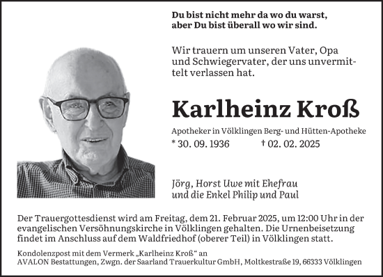 Todesanzeige von Karlheinz Kroß von saarbruecker_zeitung