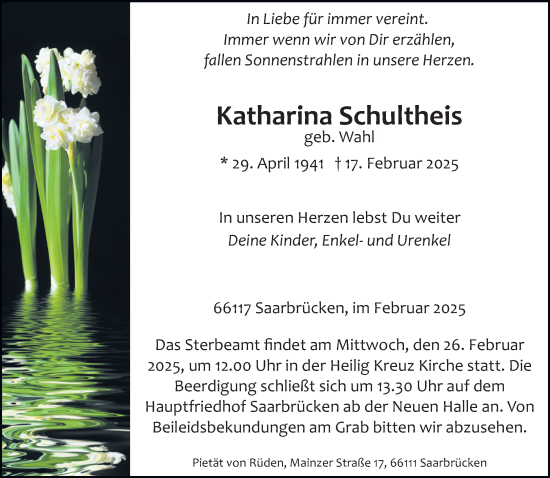 Todesanzeige von Katharina Schultheis von saarbruecker_zeitung
