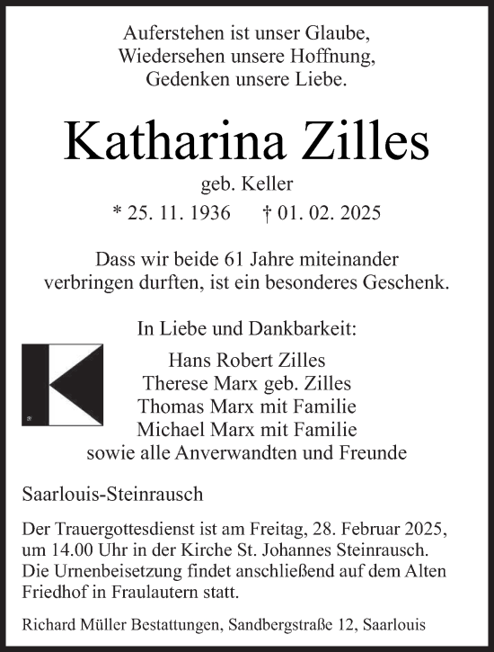 Todesanzeige von Katharina Zilles von saarbruecker_zeitung