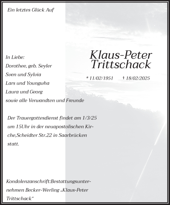Todesanzeige von Klaus-Peter Trittschack von saarbruecker_zeitung