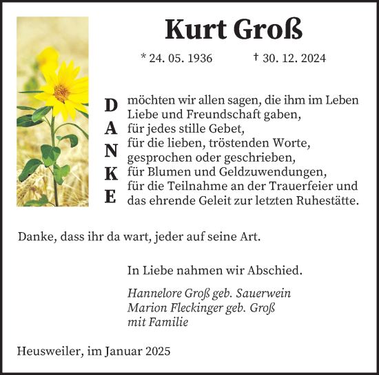Todesanzeige von Kurt Groß von saarbruecker_zeitung