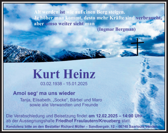 Todesanzeige von Kurt Heinz von saarbruecker_zeitung