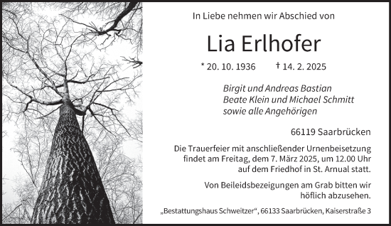 Todesanzeige von Lia Erlhofer von saarbruecker_zeitung