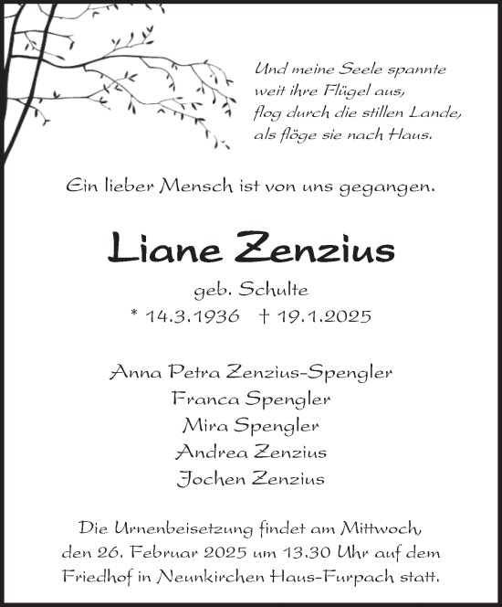 Todesanzeige von Liane Zenzius von saarbruecker_zeitung
