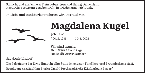 Todesanzeige von Magdalena Kugel von saarbruecker_zeitung