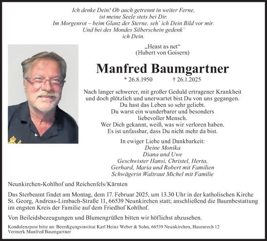 Todesanzeige von Manfred Baumgartner von saarbruecker_zeitung