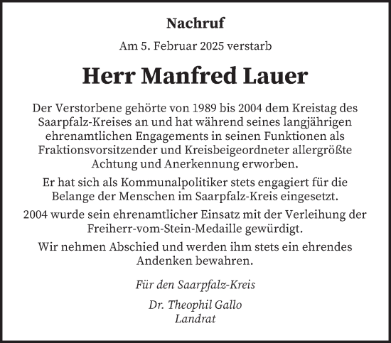 Todesanzeige von Manfred Lauer von saarbruecker_zeitung