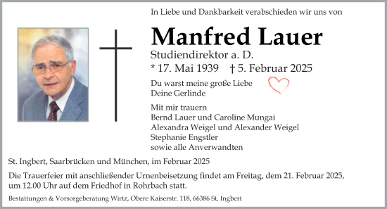 Todesanzeige von Manfred Lauer von saarbruecker_zeitung