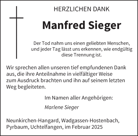 Todesanzeige von Manfred Sieger von saarbruecker_zeitung