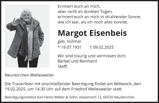 Todesanzeige von Margot Eisenbeis von saarbruecker_zeitung