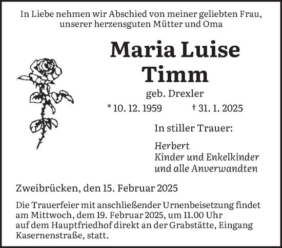 Todesanzeige von Maria Luise Timm von saarbruecker_zeitung