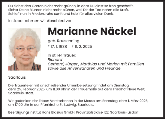 Todesanzeige von Marianne Näckel von saarbruecker_zeitung