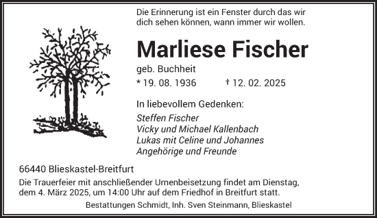 Todesanzeige von Marliese Fischer von saarbruecker_zeitung