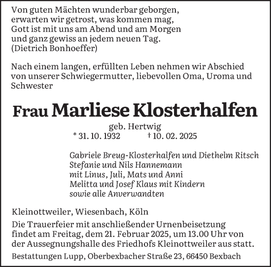 Todesanzeige von Marliese Klosterhalfen von saarbruecker_zeitung