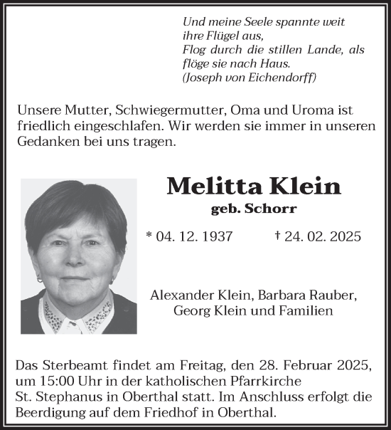 Todesanzeige von Melitta Klein von saarbruecker_zeitung