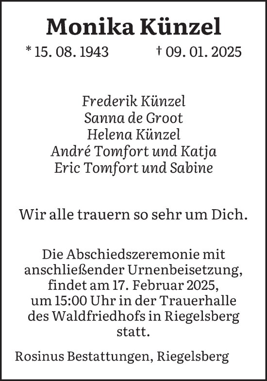 Todesanzeige von Monika Künzel von saarbruecker_zeitung